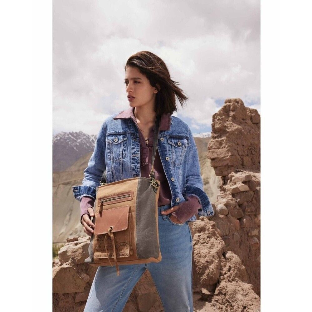 Myra Bag Handmade Montrielle Shoulder Bag Upcycled Canvas & Cowhide Leather